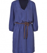 With its exquisitely soft Mulberry silk and rustic woven leather sash, Burberry Brits iris blue dress is a cool way to dress up your daytime looks - V-neckline, bracelet-length sleeves with elasticized cuffs, braided leather front sash, elasticized waistline, side slit pockets - Loosely fitted - Wear with flats and a classic leather tote