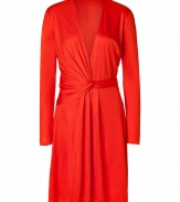 Vermillion-hued and super-sleek, this silk frock from Issa is party-perfect - Deep V-neckline with faux-wrap detail, long sleeves, waistband with asymmetric draped detail, skirt with front draped detail, concealed side zip closure - Fitted draped silhouette - Style with peep-toe platform, a sleek trench, and a classic clutch