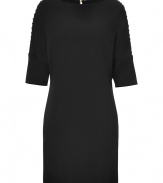 Toughen up your glamorous cocktail look with Versaces luxe laced dolman sleeve dress - Wide neckline, 3/4 dolman sleeves, laced shoulder detail with gold-toned decorative eyelets, slit with button closure at nape - Fitted - Wear with wafer platforms and a fringed detailed handbag