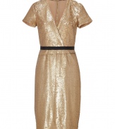 Cut a stunning figure at your most festive evening events in Burberry Londons allover sequined sheath dress - Wrapped bodice, short sleeves, black sash, metal back zip - Tailored fit - Wear with heels and a sleek leather envelope clutch