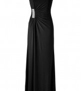 With its glamorous crystal embellished waist and flattering gather, Steffen Schrauts black evening gown is a contemporary-chic choice for a stunning after-dark debut - Adjustable spaghetti straps, straight neckline, gathered side detail with crystal embellishment, hidden back zip - Fitted top, loosely draped skirt - Wear with heels and a shimmering metallic box clutch