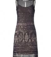 Stylish dress made ​.​.of fine, black patterned silk - Feminine cut, slim fitted, with a light slip dress underneath - High round neck, sleeveless - The skirt is a nice thigh length and is decoratively gathered at the hip - Fashionable, trendy, chic - Wear with booties, sandals or platform pumps