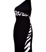 Luxe cocktail dress in fine, viscose synthetic fiber blend - Elegant black and ivory color combo - Ribbon-like, animal print silk inlay snakes from the top of the left shoulder down to the hem - Curve-hugging, one shoulder style hits above the knee - Zips at side - Elegant, eye-catching and undeniably sexy! - Pair with a cropped leather jacket and ankle booties or platform pumps