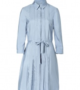 Ultra sleek in silk, Jil Sander Navys pleated shirtdress is an easy and elegant choice for all-season sophistication - Pointed collar, 3/4 sleeves, buttoned cuffs, partial hidden button-down front with snaps at waist, drawstring waistline, pleated front and back - Softly tailored fit - Wear with lace-ups and a classic leather shoulder bag