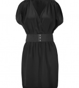 Work a feminine accent into your Little Black Dress collection with Akikos silk wrap dress, detailed with a stretch faux-leather belt for a soft, feminine look - Wrapped V-neckline, sleeveless with draped arm opening, gathered shoulders, elasticized waist, faux-leather twisted belt with elasticized strap and snap closures, pull-over style - Softly draped silhouette, mini-length - Wear with a blazer and flats to work, or dress up for cocktails with a leather jacket and heels