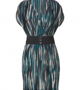 Take the print trend into your workweek with Akikos variegated striped silk dress, detailed with a stretch faux-leather belt for a soft, feminine look - Wrapped V-neckline, sleeveless with draped arm opening, gathered shoulders, elasticized waist, faux-leather twisted belt with elasticized strap and snap closures, pull-over style - Softly draped silhouette, mini-length - Wear with a blazer and flats to work, or dress up for cocktails with a leather jacket and heels