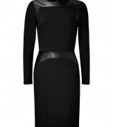 Inject an ultra modern edge into your Little Black Dress collection with LAgences leather detailed crepe sheath - Round neckline, long sleeves, zippered cuffs, leather paneling at shoulders and waist, hidden back zip - Form-fitting - Wear with flawless heels and an oversized envelope clutch