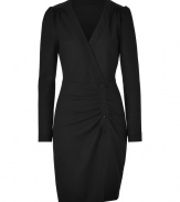 Work a sophisticated edge into you cocktail ready look with Paul & Joes sleek long sleeved wool-crepe sheath - Wrapped V-neckline, long sleeves, zippered cuffs, paneled shoulders, gathered front panel with button detail, front slit, hidden side zip - Tailored fit - Wear with sleek ankle boots and a brightly tinted handbag