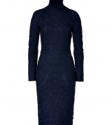 Lend an impeccable finish to your look with Salvatore Ferragamos elegant knit dress, exquisitely detailed in midnight blue with a finish of intricate allover embroidery - Stand-up collar, long sleeves, buttoned cuffs, buttoned slit at nape, hidden side zip - Form-fitting, mid-length - Team with streamline platform pumps and a ladylike handbag