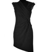 Dressed up with textural bead-embellished cap sleeves, this asymmetrical draped black dress from Helmut Lang is a tough-girl take on cocktails-chic - Draped asymmetrical V-neckline, textural bead embellished cap sleeves, side gather, exposed metal side zip, asymmetrical hemline - Fitted - Wear with booties and minimalist accessories