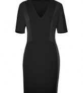 The Little Black Dress gets a lick of leather in Rag & Bones sleek short sleeved silhouette - V-neckline, short sleeves, mixed-media front and back paneling, black leather side panels, hidden side zip - Form-fitting - Wear with flats or statement heels and a clutch