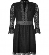 Ladylike in lace, Anna Suis sultry black dress is an exquisite take on cocktails chic - Stand-up collar with deep V-neckline and tonal embroidered trim, 3/4 lace sleeves with scalloped cuffs, tonal embroidered sash with back tie, hidden back zip, scalloped hemline - Tailored fit - Play with contrasts and style with an edgy leather jacket and statement heels