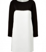 Modern in monochrome with cool long sleeves, Tibis black and white silk shift is a chic choice for dressing up day and evening looks alike - Wide neckline, long sleeves, hidden zippered cuffs, hidden back zip - Loosely tailored fit - Wear with jet black leather accessories and statement chunky chain jewelry