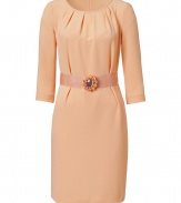 Finish tailored looks on a ladylike note with Moschino C&Cs deliciously hued apricot belted sheath dress - Pleated round neckline, 3/4 sleeves, cinched waist with tonal sash, pearly embellished buckle - Tailored fit - Wear with flats and a chain-detailed handbag