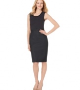 T Tahari's petite dress takes the look of two pieces and puts them together in one fantastic-fitting style. A slight ruffle at the neckline and a skinny band at the waist add interest to this sheath silhouette. (Clearance)