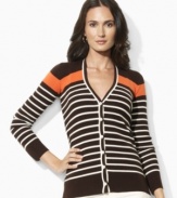 An earthy palette with a modern mix of stripes lends relaxed elegance to Lauren by Ralph Lauren's petite Krystoff cardigan, rendered in stretch ribbed-knit cotton with a buttoned placket for cozy comfort.