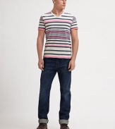 Multicolored stripes add a modern touch to this classic cotton v-neck. V-neckShort sleevesCottonMachine washMade in USA