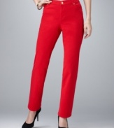 Style&co.'s soft twill straight leg petite pants give any outfit a boost: try them in classic black or bold scarlet red – or both!