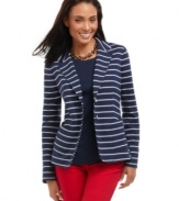 The preppy blazer gets reinvented in a soft knit fabric, from Charter Club. Thin stripes lend a tailored, nautical touch to this petite style-try it with red and white separates!