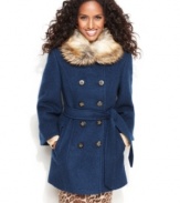 A collar of faux fur gives Laundry's double-breasted petite coat a cozy -- and luxurious -- touch. The belted waist creates a feminine silhouette, too.