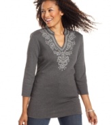 Add a worldly touch to your everyday look with Karen Scott's embroidered petite tunic. The longer length makes it so flattering, too!