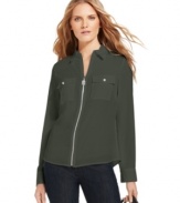 A classic piece gets a decidedly fresh look, from MICHAEL Michael Kors. This petite shirt features military-inspired details like a metal pull and zip-up front for an appealing edge!