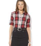 Rendered in soft cotton flannel, Lauren Ralph Lauren's chic petite shirt is finished with a crisp plaid pattern and optional rolled cuffs for versatile style.