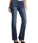 Earl Jeans' petite denim piece features the perfect bootcut leg and faded wash! Rhinestone embellished back pockets add glam.