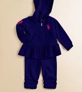 An iconic big pony embellishment is front and center along this adorable matching fleece hoodie and sweatpants set. Hoodie Attached hoodLong sleeves with ribbed cuffsZip-front closureKangaroo pocketRuffle hem Sweatpants Elastic waistband with bow tie detailSide ruching along ankles55% cotton/40% polyester/5% elastaneTrim: cottonMachine washImported