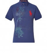 Stylish polo shirt in fine, medium blue pique cotton - A modern riff on a venerable classic from Ralph Lauren - Slim, straight cut - Small collar and short button placket - Oversize polo pony logo at chest and chic, multicolor graphic print - Hem hangs slightly longer in the back - Casually cool, ideal for everyday leisure - Pair with jeans, chinos or shorts