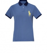 Stylish polo shirt in fine, pure medium blue pique cotton - A modern riff on a venerable classic from Ralph Lauren - Slim, straight cut - Small collar and short button placket - Oversize polo pony logo at chest and contrast trim at cuffs and neck - Hem hangs slightly longer in the back - Casually cool, ideal for everyday leisure - Pair with jeans, chinos or shorts