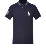 Stylish polo shirt in fine, pure navy pique cotton - A modern riff on a venerable classic from Ralph Lauren - Slim, straight cut - Small, striped collar and short button placket - Oversize polo pony logo at chest and decorative embroidered sleeve - Hem hangs slightly longer in the back - Casually cool, ideal for everyday leisure - Pair with jeans, chinos or shorts