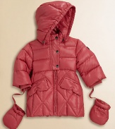 Gathered bow-inspired pockets give this quilted puffer an adorable update.Snap-off hoodStand collarPartial snap placketQuilted alloverZip frontLong sleeves with attached mittensLogo patch on one armDual front bow pocketsFully linedShell: polyamideFill: goose downDry cleanImported Please note: Number of snaps may vary depending on size ordered. 