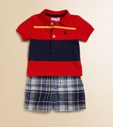 Sure to be a go-to essential, a timeless set pairs a classic polo with a preppy madras short and matching grosgrain ribbon belt. Shirt Ribbed collarShort sleevesButton frontUneven vented hem Shorts Button closureFaux flyBack elastic waistband with belt loops and grosgrain belt with D-ring closureHand pocketsBack welt pocketsCottonMachine washImported Please note: Number of buttons may vary depending on size ordered.