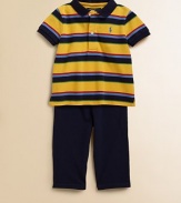 A casual set pairs a playfully striped cotton mesh polo with a comfy cotton mesh pant for an athletic-inspired look. Shirt Ribbed polo collarShort sleeves with ribbed armbandsFront buttonEven vented hem Pants Elastic drawstring waistbandSewn flyAngled hand pocketsCottonMachine washImported