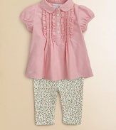 An adorable set pairs a classic oxford top with a stretch cotton floral-print legging. Shirt Club collarShort puff sleevesButton-frontPintuck bodice Pants Elastic waistbandShirt: cottonPants: 97% cotton/3% elastaneMachine washImported Please note: Number of buttons may vary depending on size ordered. 