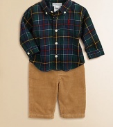 An ultra-preppy set includes a tartan plaid woven cotton shirt, a corduroy pant and a matching grosgrain ribbon belt. Shirt Button-down collarLong sleevesButton-frontShirttail hemPants Waistband with belt loopsSewn faux flyCottonMachine washImported Please note: Number of buttons may vary depending on size ordered. 