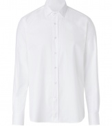 The classic white button down gets a modern twist with a faint herringbone print and a slim fit - Spread collar, long sleeves, front button placket, curved hem, slim fit - Style with a paisley blazer, straight leg jeans, and ankle boots