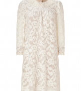 Take this seasons love for everything ladylike into your chic cocktails look with Anna Suis pristine cream wooly lace dress - Round neckline with contrast knit collar, 3/4 length sleeves, contrast knit cuffs, pleated yolk, button closures at nape, nude lined body and cuffs, allover knit lace floral patterning - Softly draped fit - Team with sparkly pumps and an oversized clutch for cocktails