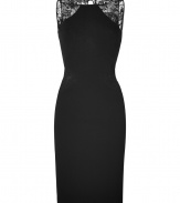 With its sultry lace inserts in all the right places, Emilio Puccis form-fitting sheath is a chic and sultry take on the Little Black Dress - Round neckline, sleeveless, sheer lace inserts at yolk, semi-sheer lace inserts at waist, exposed metal back zip, slit back with button closure at nape, side slit - Form-fitting - Wear with heels and a statement clutch