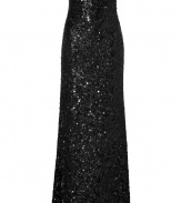 With a shimmer of allover sequinning and figure-hugging fit, Jenny Packhams strapless evening gown is as eye-catching as it is exquisite - Strapless, hidden back zip, inside underwire support - Form-fitting top, softly draped skirt - Wear with flawless platform pumps and a statement embellished box clutch