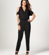 Cutout shoulders add eye-catching appeal to this DKNYC jumpsuit -- an on-trend alternative to a dress!