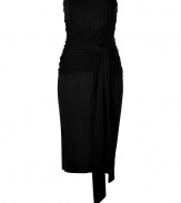 Luxurious dress in fine black rayon stretch - Wonderfully feminine bustier cut, with mega elegant wrapped, draped waist - The skirt has a typical pencil cut, tight and about knee length - Sophisticated and sexy, stylish and elegant, a dream of a dress for exciting evening events - Pair with booties, pumps, gladiator sandals