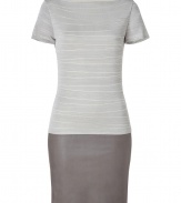 Luxe dress in superb quality knit viscose and leather - Elegant in two tones of gorgeous grey - A standout from cult leather label Jitrois - Flattering, fitted silhouette with short sleeves and boat neck - Supple leather mini skirt hits above the knee - Chic yet relaxed, a go-to for parties, cocktails and evenings out - Pair with platform ankle booties or strappy sandals and a leather clutch