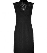 Elegant dress from a black cotton-nylon mix - Fully lined, floral, transparent lace - Transparent at shoulders and back - Cut with high collar, V-neck and sleeveless - Wide belt accentuates waist, creating feminine silhouette - For the office, pair with a blazer and heels or peep toes and a cardigan