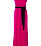 Take notes from the First Lady herself in Paule Kas seriously stylish fuchsia satin and crepe gown, pulled together with a rich black velvet sash for exquisite results tailored to your most festive evening events - Rounded neckline, cap sleeves, diagonal drape across the top, satin side panels, black velvet self-tie sash, side belt loops, V-back with hidden zipper closure - Softly tailored fit, floor-length - Team with a dusting of fine jewelry and statement heels