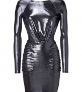 Statement-making and fantastically futuristic, Faith Connexions metallic stretch dress is an ultra contemporary choice for cocktails - Wide neckline with deep V in back, long sleeves, pleated front, hidden side zip - Form-fitting - Wear with flawless pumps and an oversized clutch