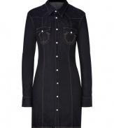 Work a Western edge into you contemporary casual looks with True Religions figure-hugging stretch denim dress - Pointed collar, long sleeves, snapped cuffs, snapped front and flap pockets, contrast stitching - Form-fitting - Team with leather boots and fun statement totes