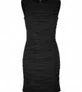 Cut a feminine figure at cocktail hour in DKNYs ultra-flattering ruched black dress - Round neckline, sleeveless, exposed metal back zip - Form-fitting - Wear with heels, a leather jacket, and clutch for city cocktails