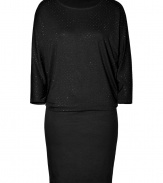 Easy and chic in black jersey, DKNYs embellished top dress counts as a must for casual-cool cocktails - Boat-neckline, 3/4 dolman sleeves, pull-over style - Loose top, form-fitting skirt - Wear with festive flats and a sparkling clutch to cocktails